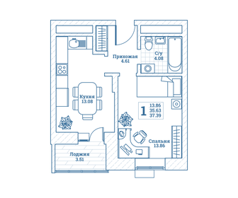 37,3 м², 1-комнатная квартира 4 401 400 ₽ - изображение 4