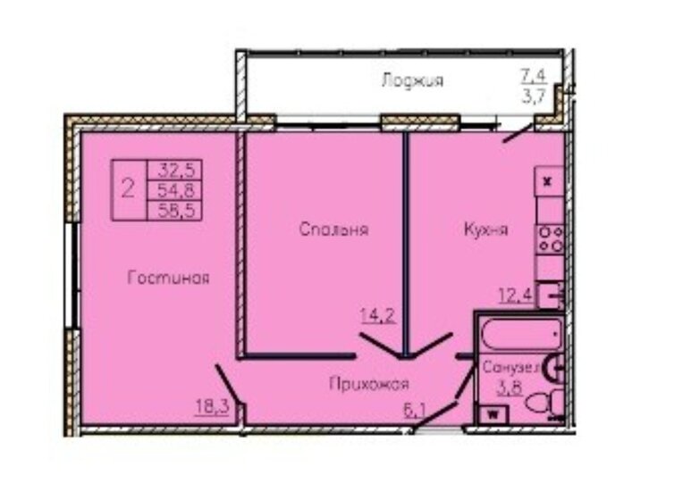 58,5 м², 2-комнатная квартира 5 912 000 ₽ - изображение 1