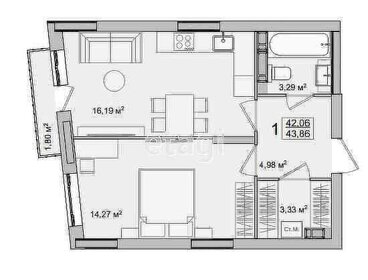 Квартира 43,9 м², 1-комнатная - изображение 1