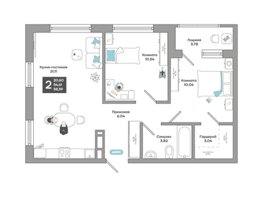 Квартира 58,4 м², 2-комнатная - изображение 1