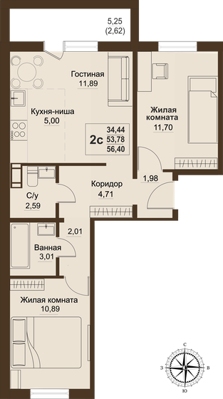 53,8 м², 3-комнатная квартира 5 351 110 ₽ - изображение 1