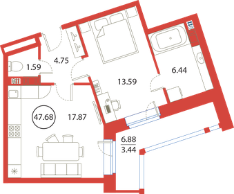 47,7 м², 1-комнатная квартира 13 131 072 ₽ - изображение 53