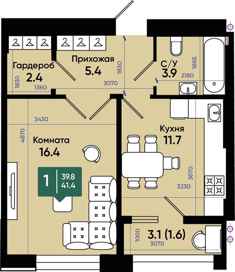 41,4 м², 1-комнатная квартира 4 140 000 ₽ - изображение 1