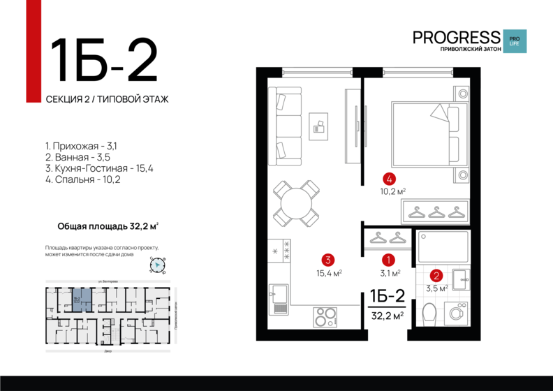 32,2 м², 1-комнатная квартира 5 582 000 ₽ - изображение 1