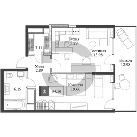 Квартира 64,1 м², 2-комнатная - изображение 1