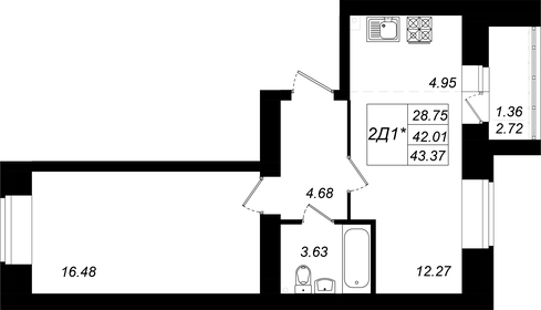 Квартира 43,4 м², 2-комнатная - изображение 1