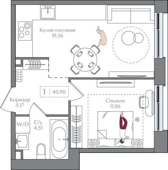 40,9 м², 1-комнатная квартира 17 295 456 ₽ - изображение 18