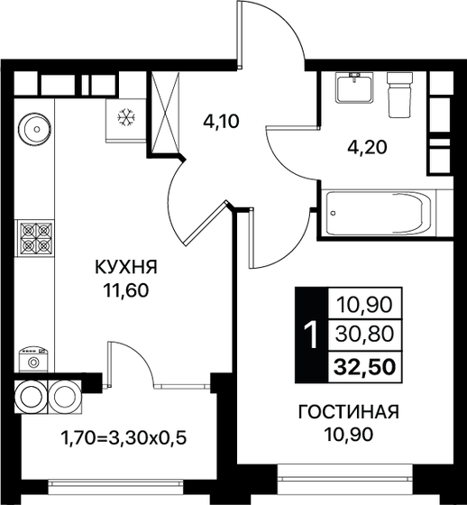 32,5 м², 1-комнатная квартира 4 338 750 ₽ - изображение 1