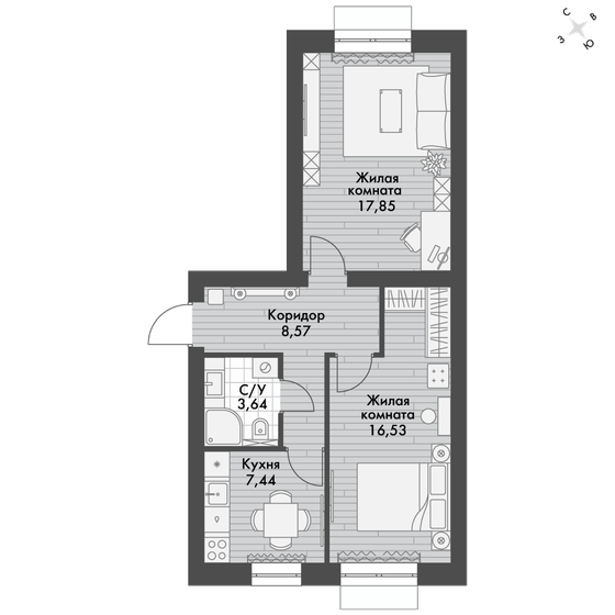 54,1 м², 2-комнатная квартира 7 152 599 ₽ - изображение 1