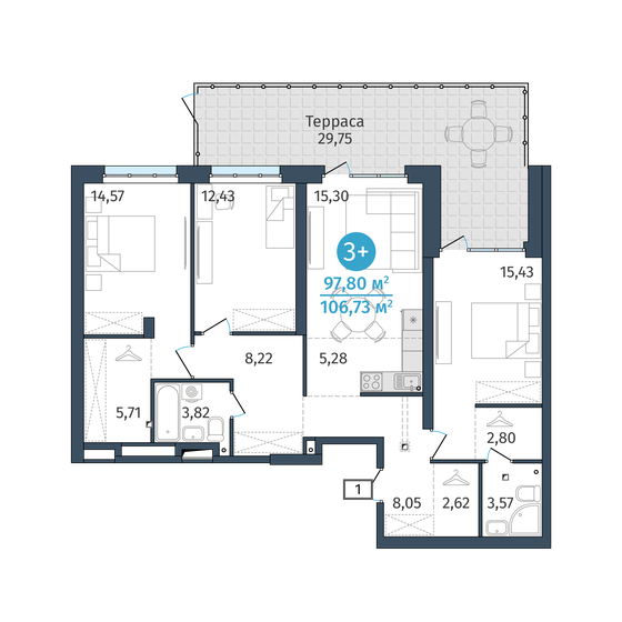 97,8 м², 3-комнатная квартира 13 692 000 ₽ - изображение 1