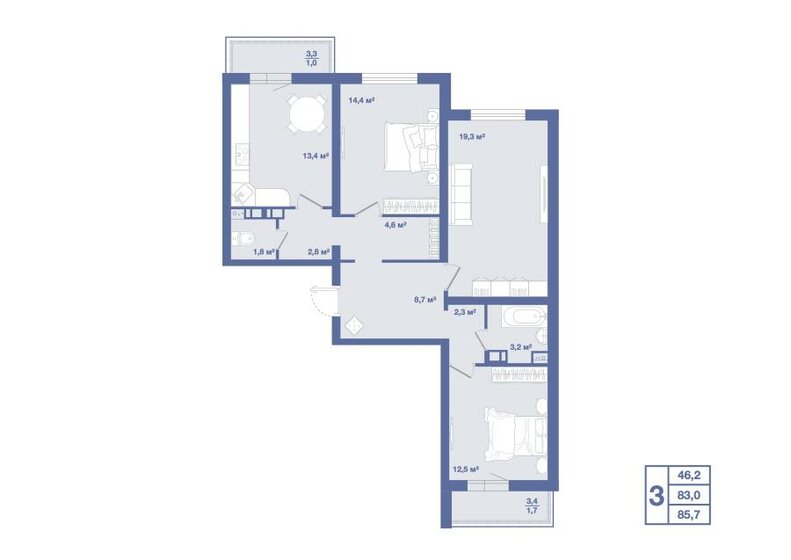 85,7 м², 3-комнатная квартира 6 602 000 ₽ - изображение 1