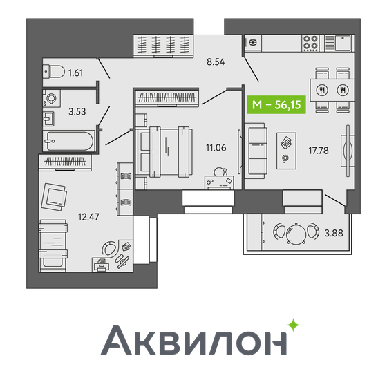 56,2 м², 2-комнатная квартира 6 644 097 ₽ - изображение 1