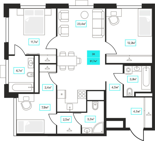 81,7 м², 3-комнатная квартира 11 470 000 ₽ - изображение 1