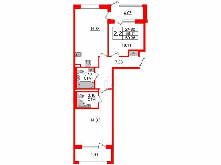 56,1 м², 2-комнатная квартира 12 400 310 ₽ - изображение 1