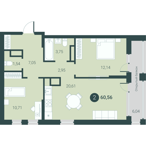60,6 м², 2-комнатная квартира 9 850 000 ₽ - изображение 1