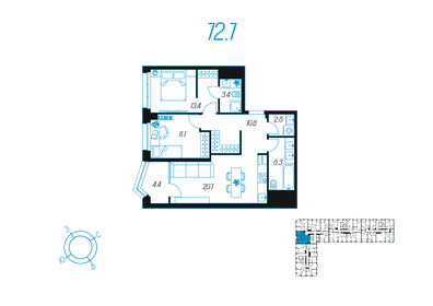 Квартира 72,7 м², 2-комнатная - изображение 1