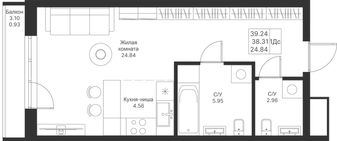 Квартира 39,2 м², студия - изображение 1