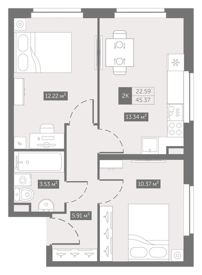 45,4 м², 2-комнатные апартаменты 7 383 332 ₽ - изображение 1