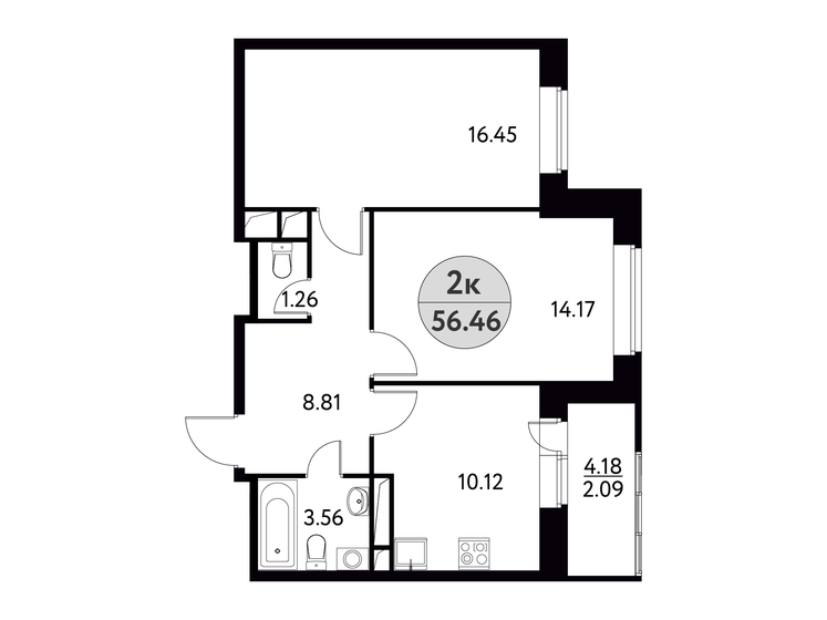 56,5 м², 2-комнатная квартира 6 940 557 ₽ - изображение 1