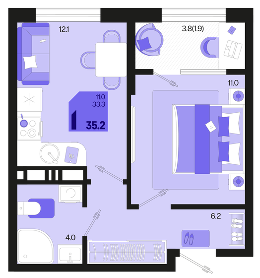 35,2 м², 1-комнатная квартира 5 244 800 ₽ - изображение 1