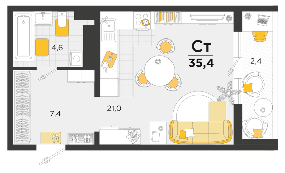 35,4 м², 1-комнатная квартира 6 435 720 ₽ - изображение 1