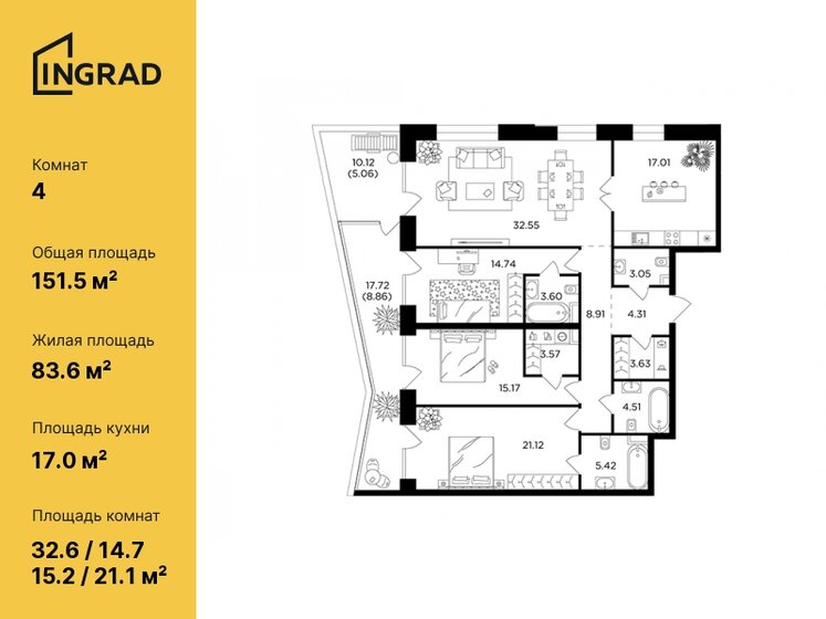 151,5 м², 4-комнатная квартира 80 534 488 ₽ - изображение 24