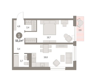 Квартира 55,3 м², 1-комнатная - изображение 1