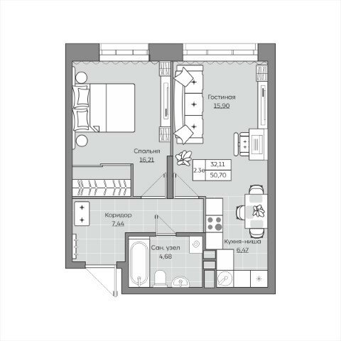 50,7 м², 2-комнатная квартира 8 463 100 ₽ - изображение 1