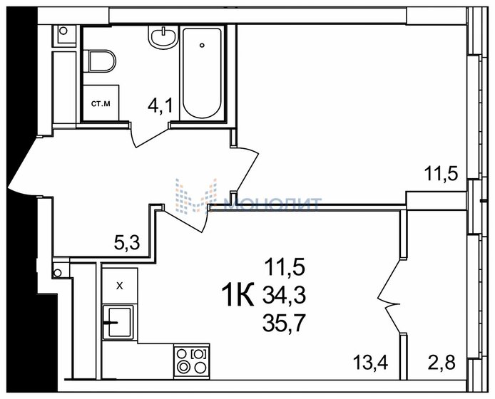 35,7 м², 1-комнатная квартира 4 498 200 ₽ - изображение 1
