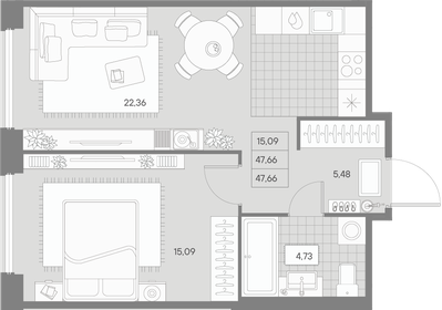 Квартира 47,7 м², 1-комнатная - изображение 1