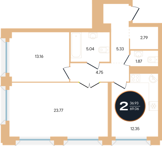 69,1 м², 2-комнатная квартира 15 952 860 ₽ - изображение 1