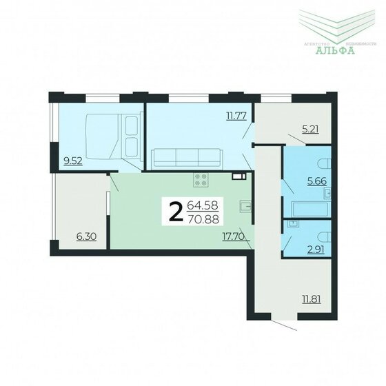 70,9 м², 2-комнатная квартира 6 136 152 ₽ - изображение 1