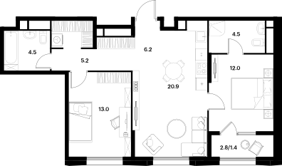 Квартира 67,7 м², 2-комнатная - изображение 1