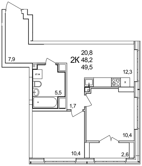 49,5 м², 2-комнатная квартира 5 544 000 ₽ - изображение 7