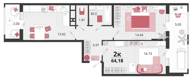 Квартира 64,2 м², 2-комнатная - изображение 1