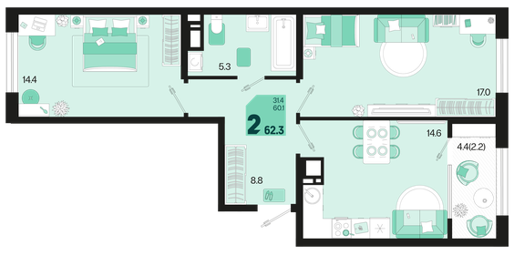 Квартира 62,3 м², 2-комнатная - изображение 1