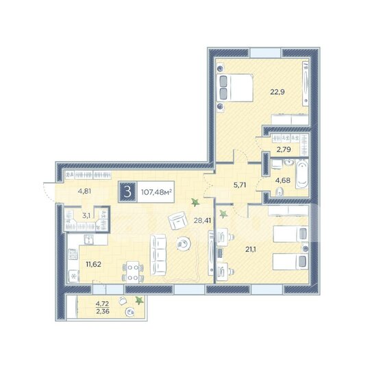 108 м², 3-комнатная квартира 11 500 000 ₽ - изображение 1