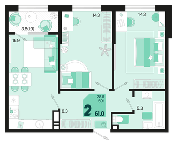 61,7 м², 2-комнатная квартира 8 705 870 ₽ - изображение 16