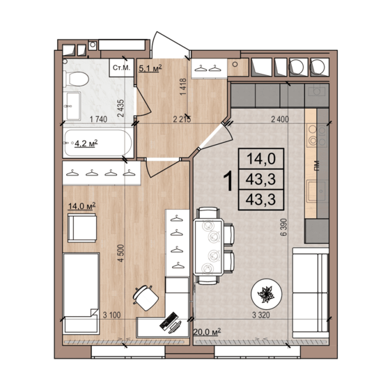 43,3 м², 1-комнатная квартира 4 113 500 ₽ - изображение 17
