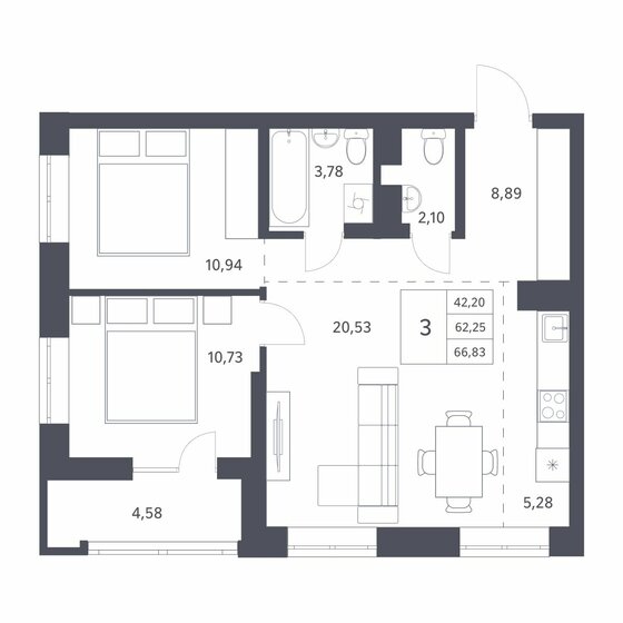 62,3 м², 2-комнатная квартира 8 050 000 ₽ - изображение 1