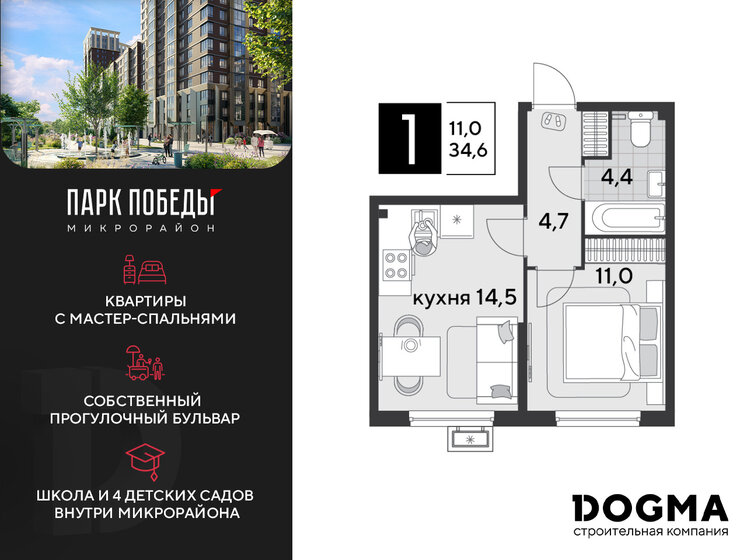 34,6 м², 1-комнатная квартира 5 532 540 ₽ - изображение 1