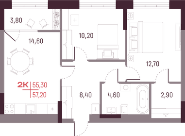 Квартира 55,3 м², 2-комнатная - изображение 1