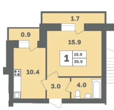 35,9 м², 1-комнатная квартира 3 496 323 ₽ - изображение 1