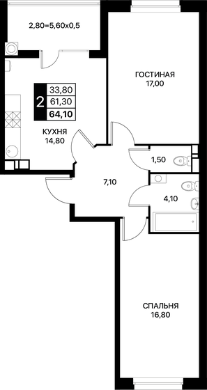 64,1 м², 2-комнатная квартира 7 499 700 ₽ - изображение 1