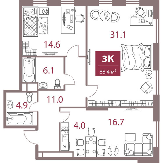 88,4 м², 3-комнатная квартира 53 552 720 ₽ - изображение 1