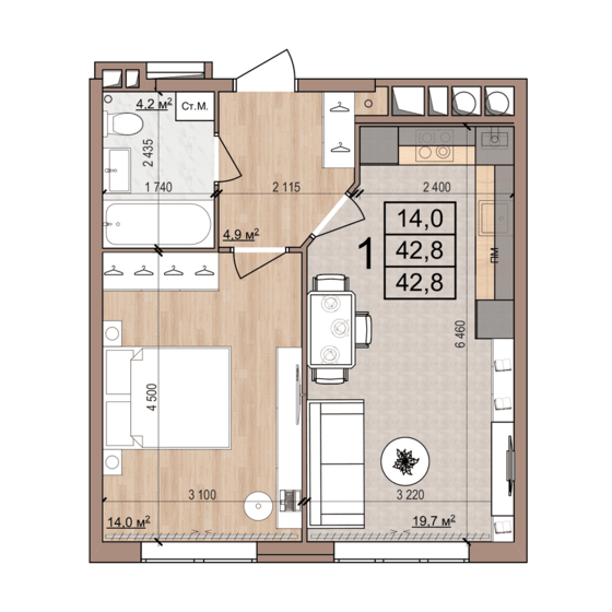 42,8 м², 1-комнатная квартира 4 108 800 ₽ - изображение 17