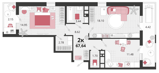 67,6 м², 2-комнатная квартира 9 334 320 ₽ - изображение 14