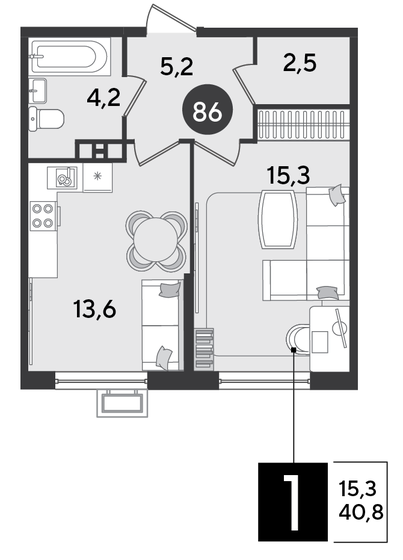 40,8 м², 1-комнатная квартира 7 119 600 ₽ - изображение 1