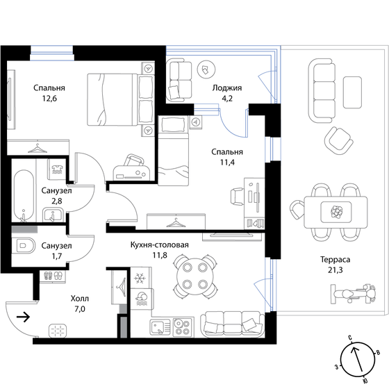 55,8 м², 2-комнатная квартира 10 099 800 ₽ - изображение 1