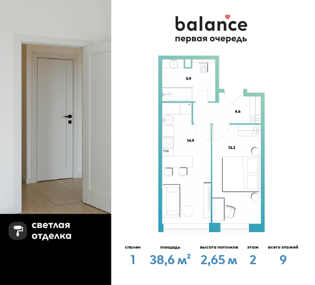 38,6 м², 1-комнатная квартира 16 632 740 ₽ - изображение 1